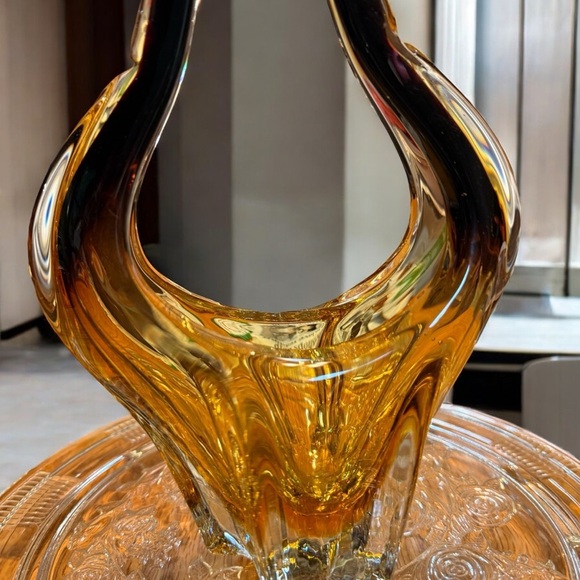 Vintage Amber Murano Style Basket Bowl Hand Blown Decorative Chalet - Picture 2 of 8